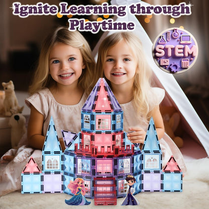 Little Pi 104pcs Frozen Princess Castle Magnetic Tiles Building Blocks - 3D Diamond Blocks, STEM Educational Toddler Toys for Pretend Play, 4 Year Old Girl Birthday Gifts Kids Ages 3 5 6 7 8 - Pink