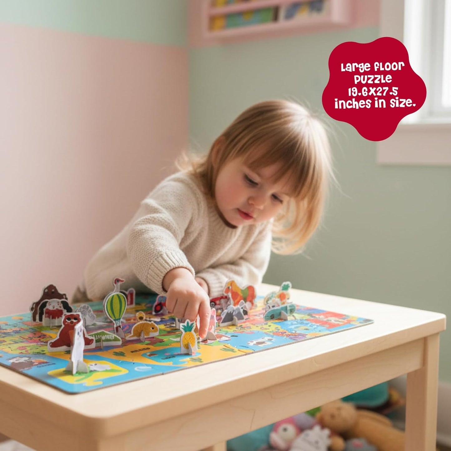 Dinomini Giant World Map Puzzle for Kids - with Interactive Standing Figures - Floor Puzzles for Kids Ages 3-5 - Preschool Learning Activities - Learning & Educational Toys