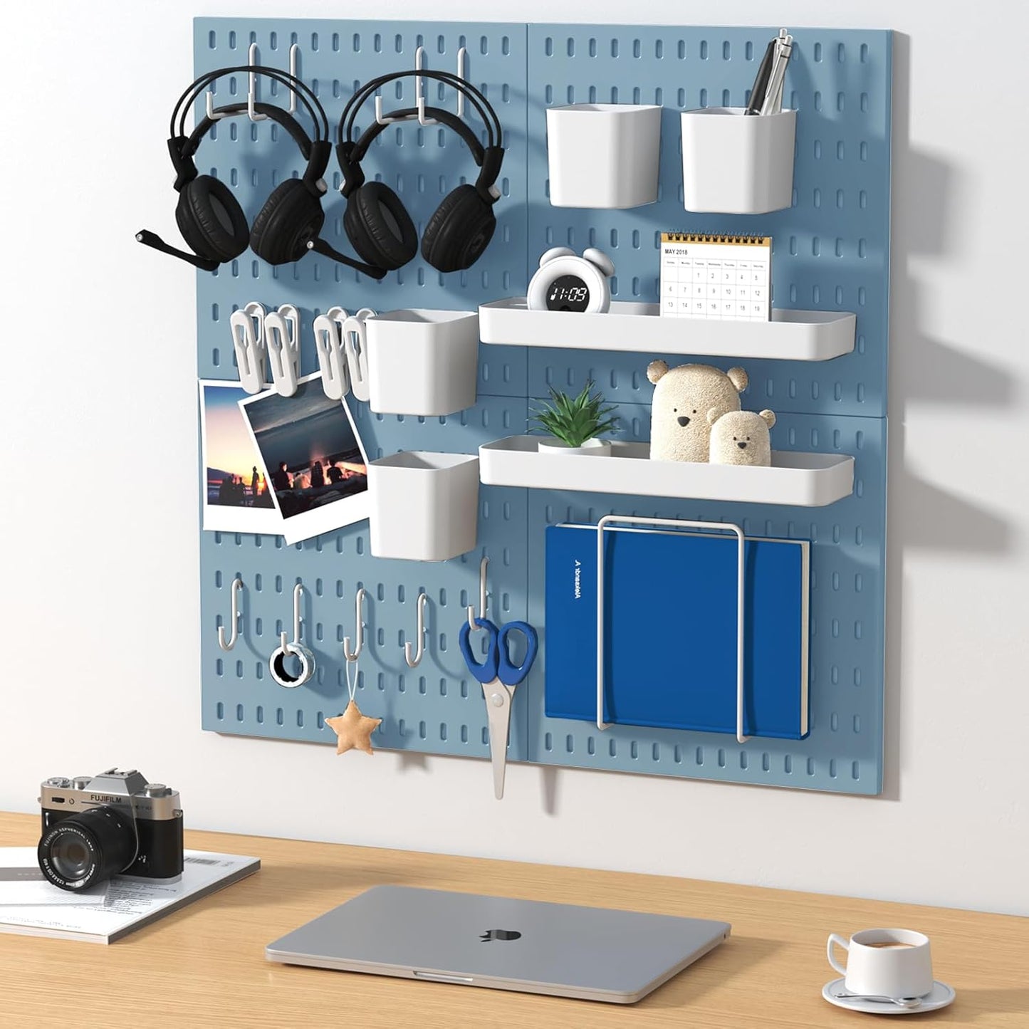 Peg Board Combination Kit, 4 Pegboards with 20 Accessories, Pegboard Wall Organizer for Office, Nursery & Home Storage, Key Holder, 25.6"x25.6" – Nail-Free Installation（White）