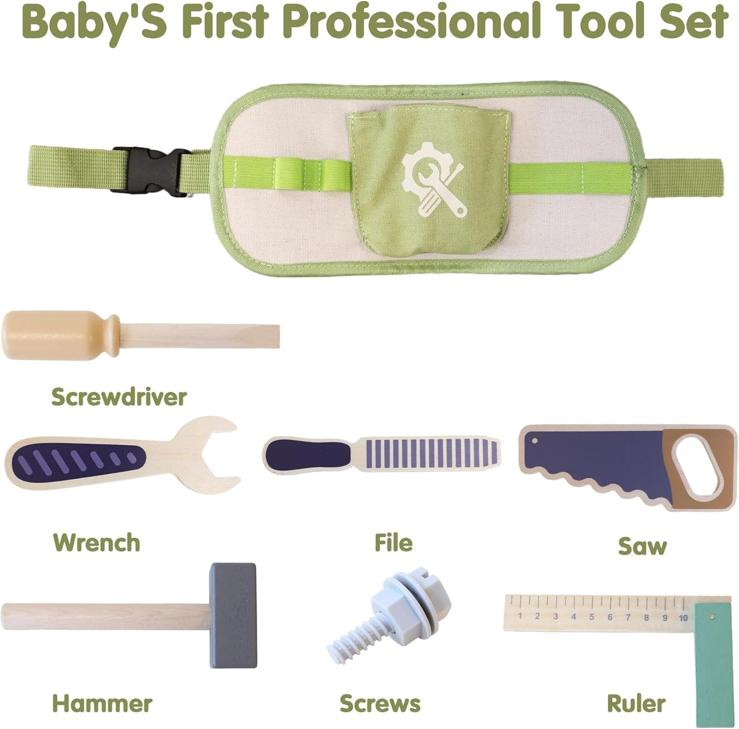 Freniland Kids Tool Belt Set with Adjustable Strap - 6 Wooden Tools & Screw for Toddlers 3+ Pretend Play - Durable Educational Toy