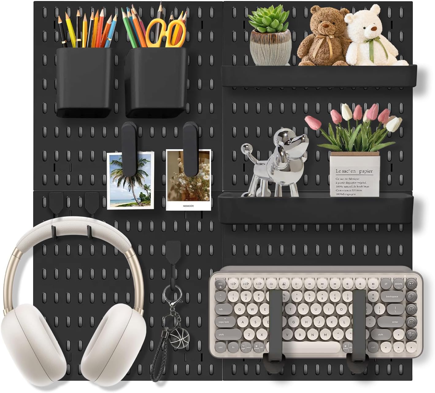 Pegboard Wall Organizer Set – 4 Peg Boards with Hooks & Shelves – Office, Kitchen, Gaming Room Desk Pegboard Storage – Peg Board Wall Display Rack (White)