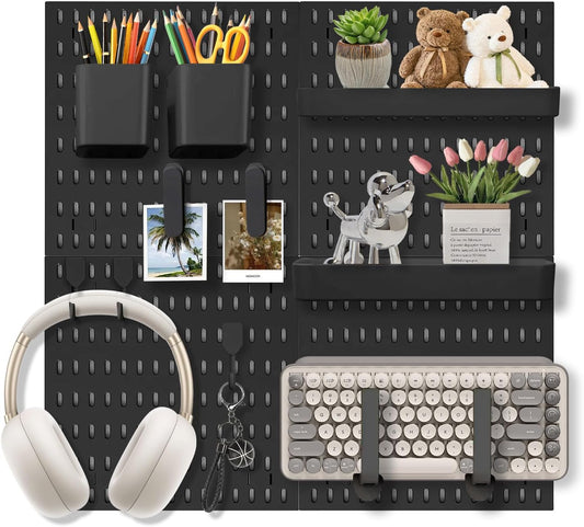 Pegboard Wall Organizer Set – 4 Peg Boards with Hooks & Shelves – Office, Kitchen, Gaming Room Desk Pegboard Storage – Peg Board Wall Display Rack (White)
