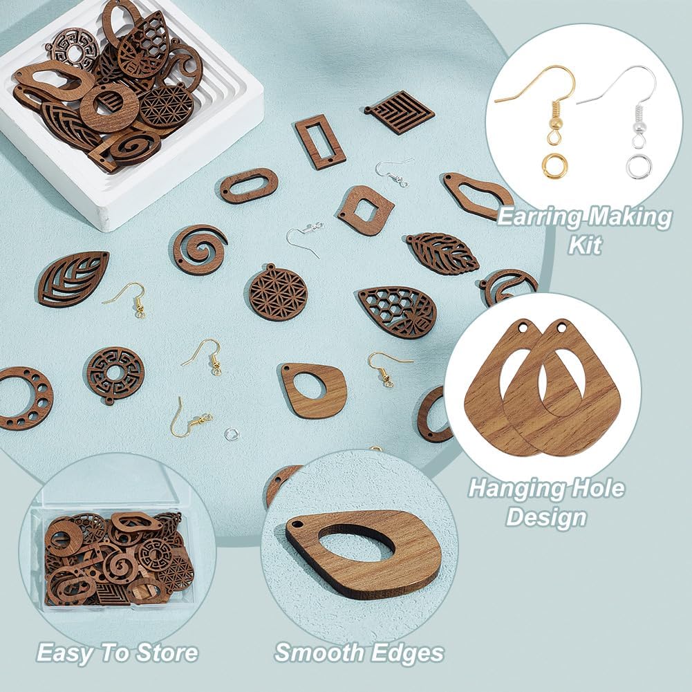 Wooden Dangle Earring Making Kit for Jewelry Making with 48Pcs 8 Western Style Wooden Colorful Pendants Teardrop Charms 48Pcs Earring Hook 100Pcs Jump Rings Gold Silver