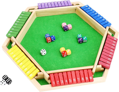 Shut The Box Game for 6 Players - Wooden Board Tabletop Family Math Game with 12+4 Dice
