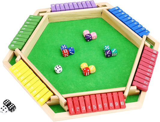 Shut The Box Game for 6 Players - Wooden Board Tabletop Family Math Game with 12+4 Dice