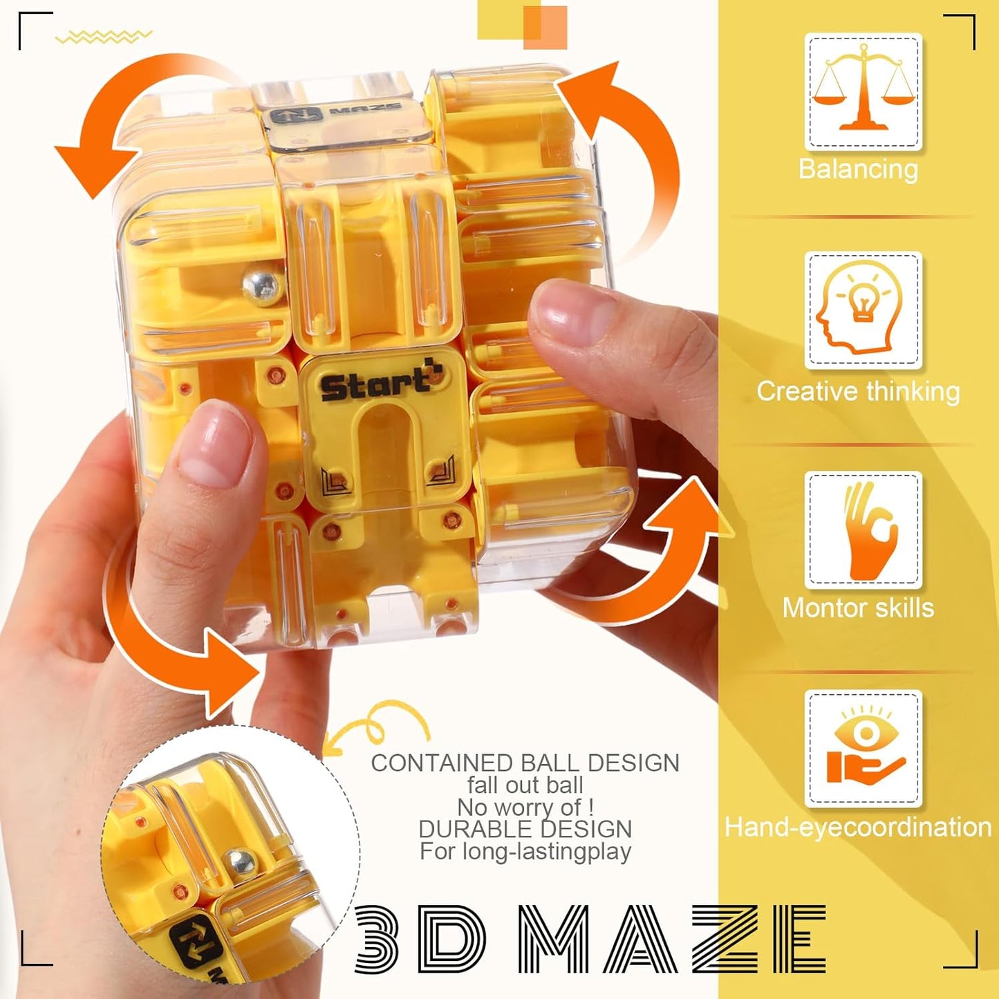 1 Sets Large Labyrinth 3D Maze Cube Puzzle Maze Game Gravity 3D Puzzle Cube Brain Teaser Ball Games for Kids Education Sensory Toys Gift for Adults (Upgrade Version,Yellow)