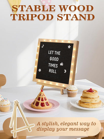 Changeable Felt Letter Board with LED Lights - 10×10" Message Custom Signs & Wood Stand & 450 Letters, Poster Board for Baby/Pregnancy Announcement/Classroom Wall Graduation Decor Gifts, Camel