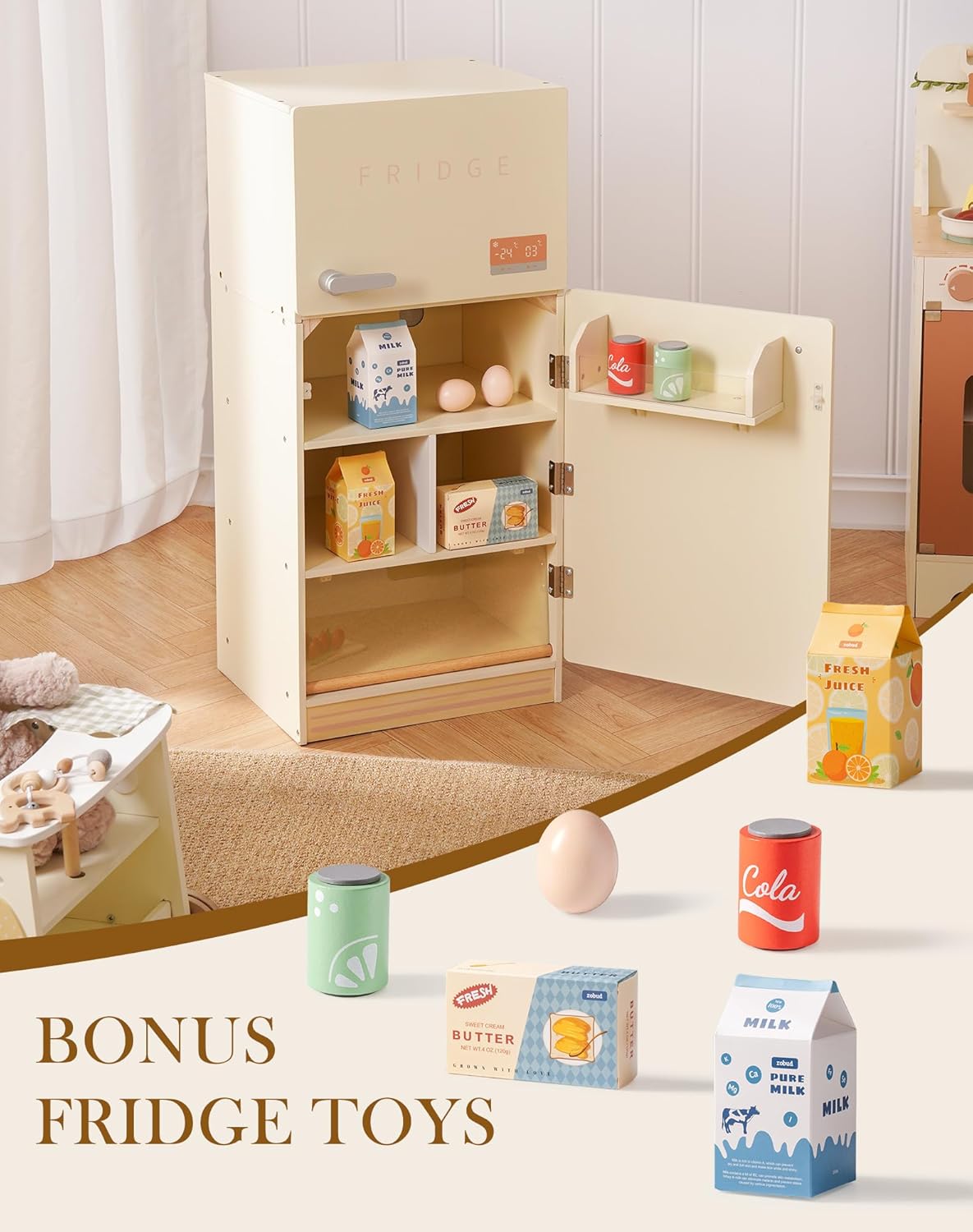 ROBOTIME Kids Play Kitchen Set - Rustic Wooden Kitchen Sets, Pretend Play Kitchen with Leaf Light String, Apron, and Groves, for Toddlers 3+ (Rustic Style)