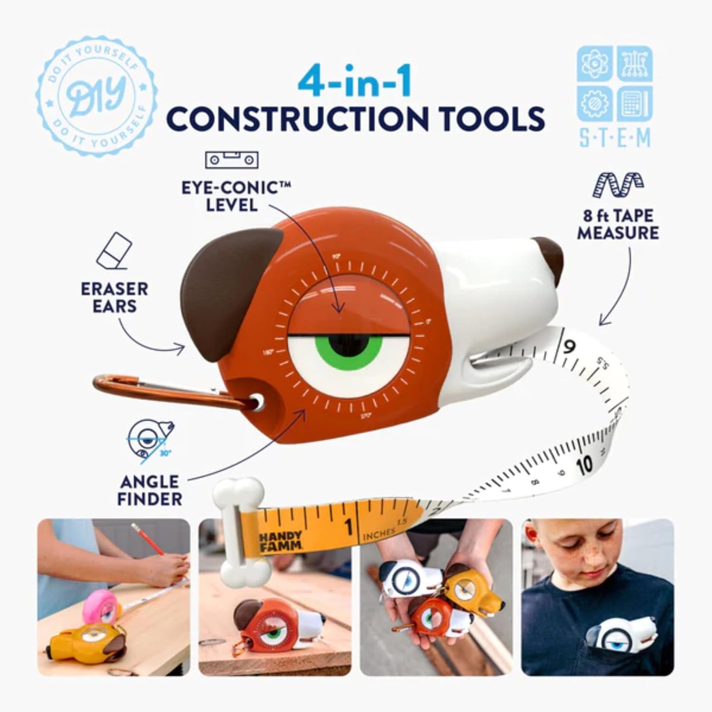 Handy Famm Roscoe the Dog 4-in-1 Kids Tape Measure with Adjustable Level Eye, Angle Finder & Eraser Ears – Montessori STEM Educational Toy for Children Ages 3+, Real Measuring Tool for Learning