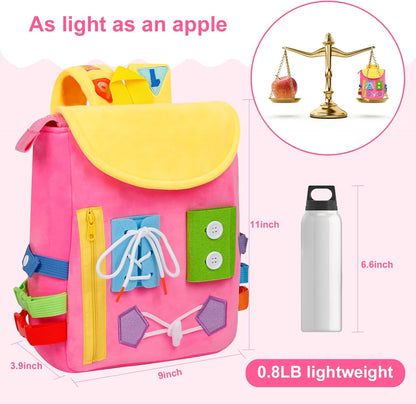 Busy Board - Toddler Backpack with Buckles and Learning Activity Toys - Develop Fine Motor Skills and Basic Life Skills - Learn to Tie Shoes - Children's Travel Toy