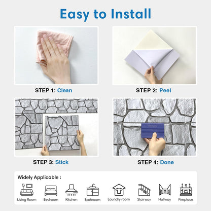 COMSTICKC 3D Faux Gray Stone Wall Sticker Peel and Stick Wall Panels,10 Pcs of 12"X12",Ultra-Light Thin PVC Decorative Tiles Rocks Stone Backsplash Interior Decor,Paintable