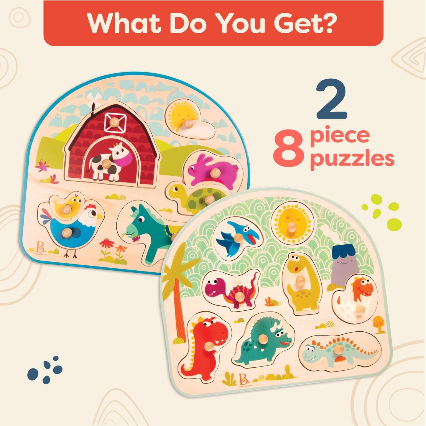 B. toys – 4 Wooden Peg Puzzles – Dinosaurs, Sea Animals, Vehicles, Farm – Puzzles for Toddlers, Kids – 18+ Months