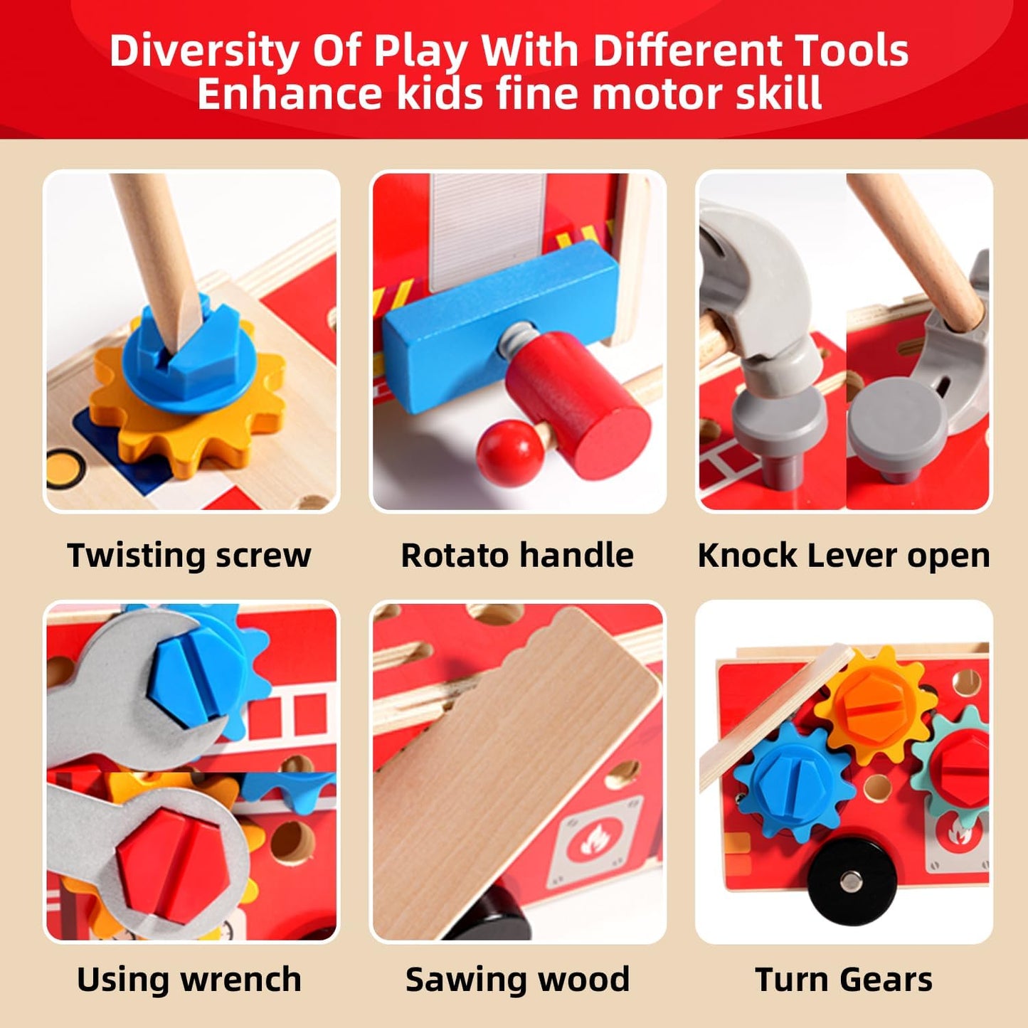 GAIETYDIY Toddler Tool Set - 33 PCS Wooden Kids Tools with Box/Bench/Tool House, Montessori Educational Pretend Play Preschool Toys Gifts for 3 Year Old Boy Girl Kids, STEM Fine Motor Skills Tool Set