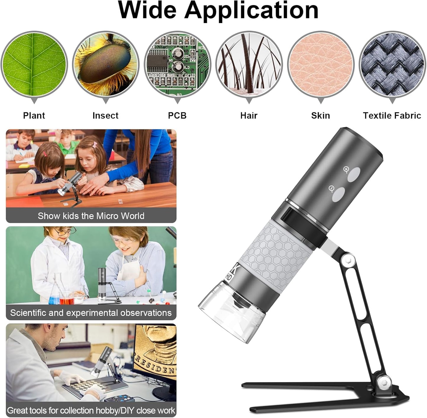 4K 3840x2160p WiFi Digital Microscope for iPhone Android Phone and Windows Mac PC, Wireless Handheld Microscope Camera, Portable Microscope with Metal Stand for Adults and Kids