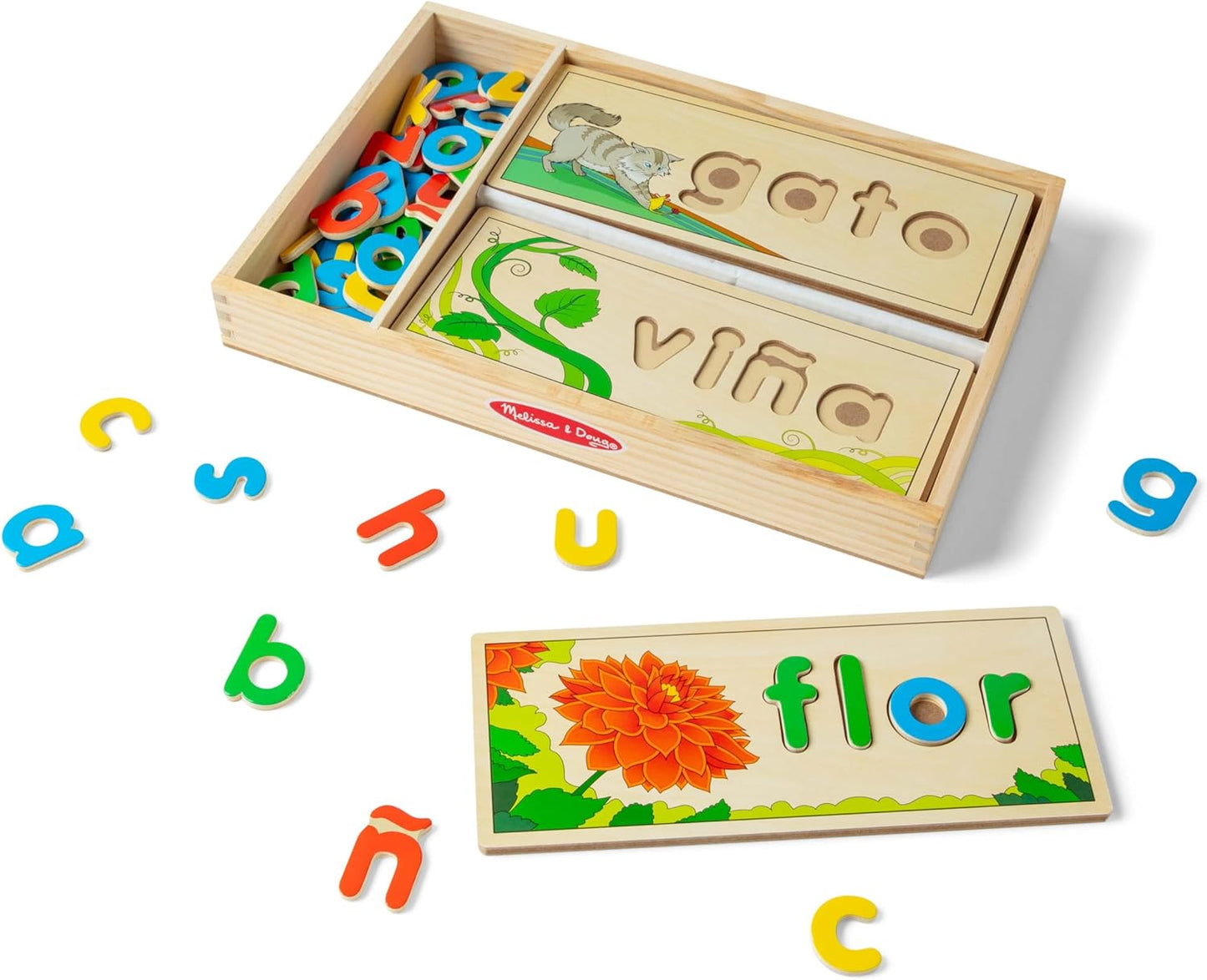 Melissa & Doug See & Spell Wooden Educational Toy with 8 Double-Sided Spelling Boards and 64 Letters Preschool Learning Activities, See & Spell Learning Toys for Kids Ages 4+