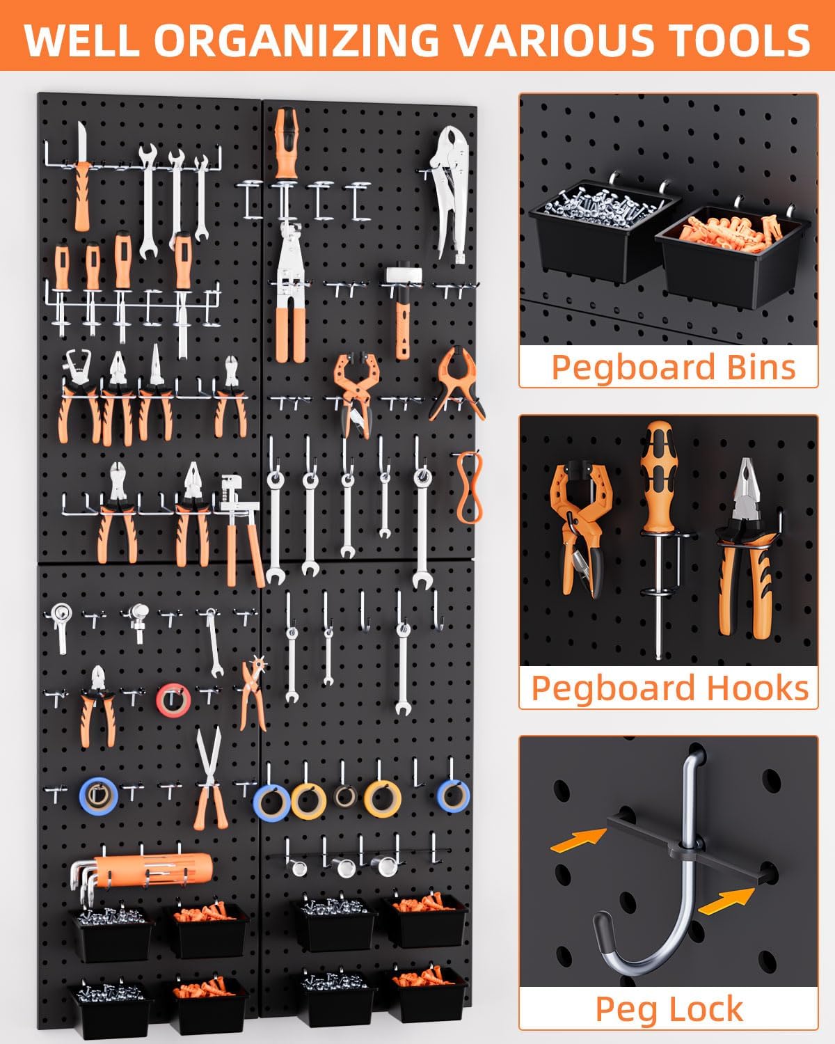 INCLY 158PCS Metal Pegboard Wall Organizer, 48x24 Inch White Pegboard Panels Tool Organizer Kit with Accessories Hooks and Bins, Peg Board Utility Tool Storage for Garage Workbench Shed