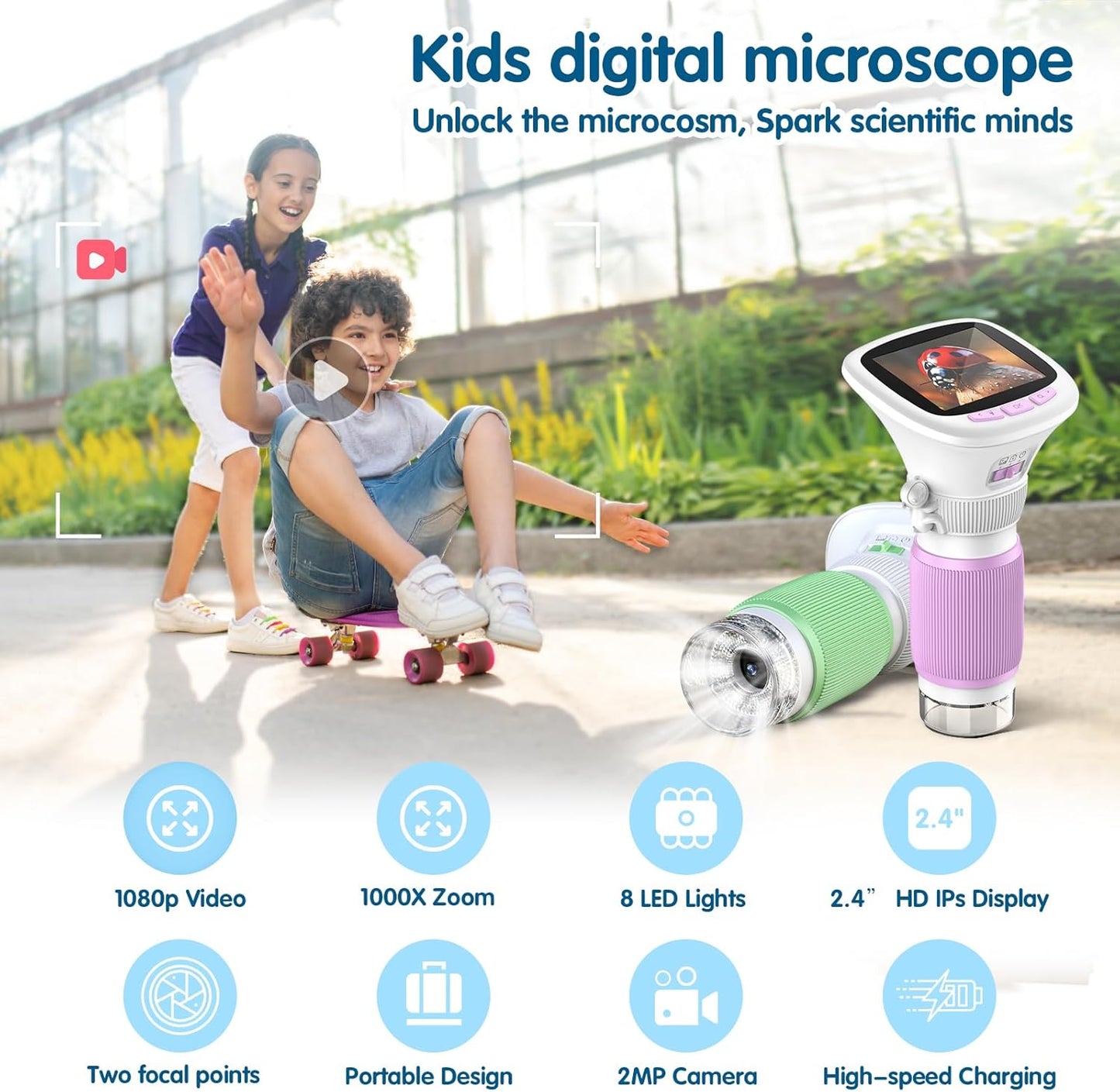 2-in-1 Kids Microscope Camera with 200W Dual Lens-2.0" Screen 500X Photo & Video AUKCLAX Digital Microscopes Handheld for 3 4 5 6 7 8 9 10 11 12 Year Old Kids Educational Science Kit Toy Gifts(Purple)
