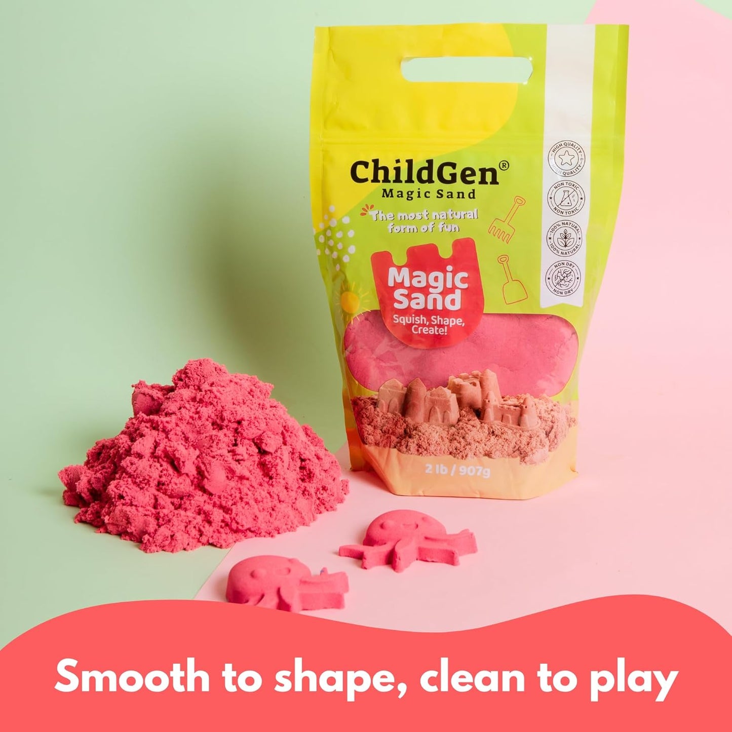 ChildGen Magic Sand, 2lbs Natural Sea Sand in Resealable Bag, Non-Toxic Play Sand for Kids, Soft, Moldable, Mess-Free Sensory Play (Green)