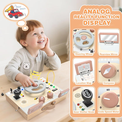 Joyreal Wooden Busy Board with LED Light, Montessori Toddler Toys, Wooden Sensory Board, Toddlers Activity Travel Toys for Boy & Girl Birthday Gift (Farm Theme)