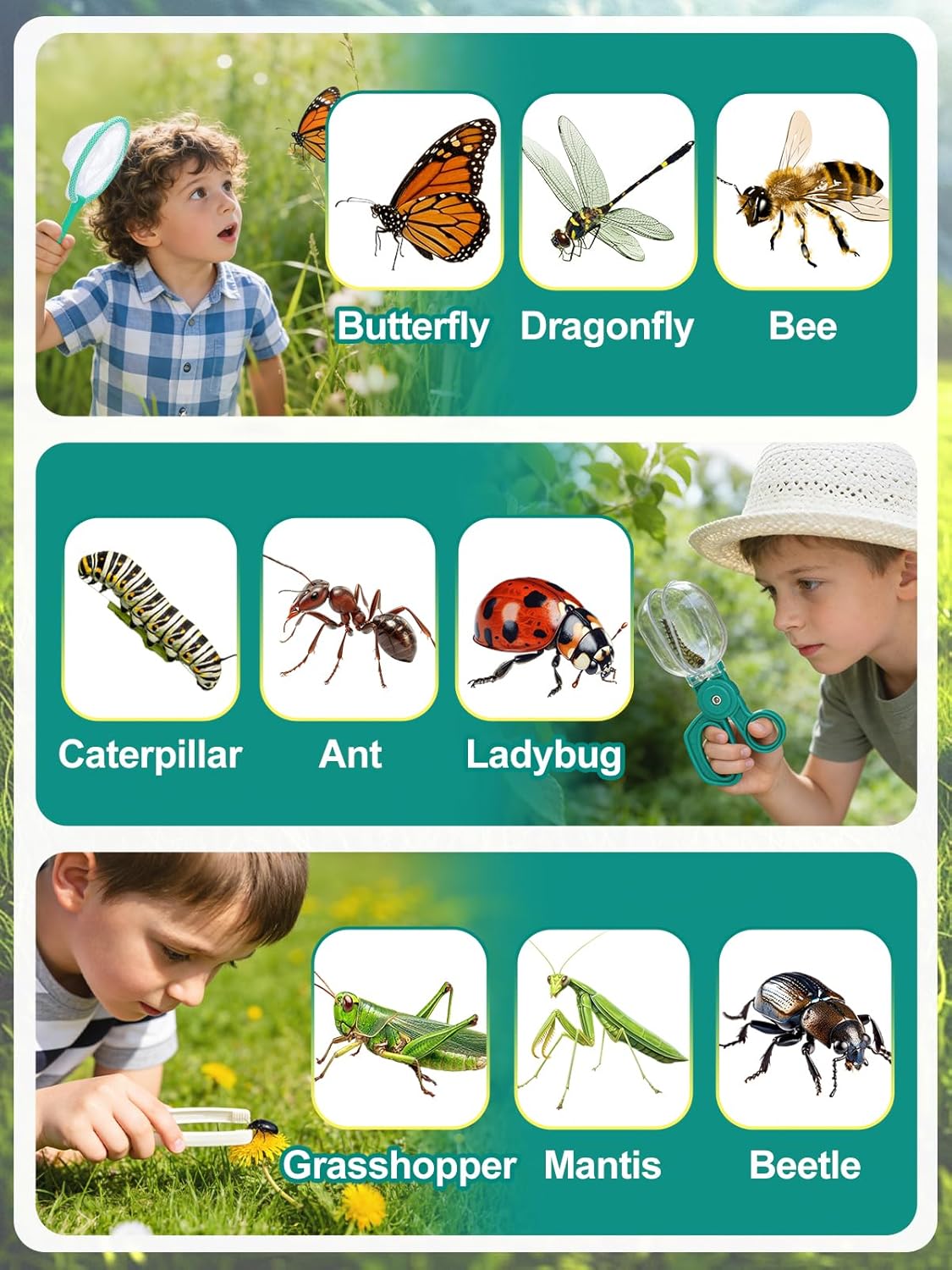 2Sets Bug Catcher for Kids - Sturdy Kids Bug Catching Kit Gifts with Collector Butterfly Net Tweezer, Bugs Habitat Outdoor Explorer Kit for Age 3 4 5 6 7 8, 8Pcs