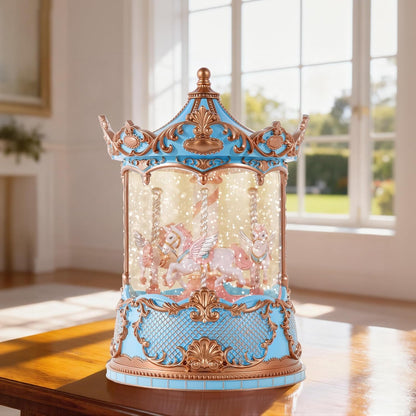 Gifts for Mom Pink Carousel Horse Snow Globe Music Box with Rotating Horses Musical Unicorn Snow Globe with Glitter for Girls, Women, Mom, Birthday Gifts Home Decorations (Pink Silver Carousel)