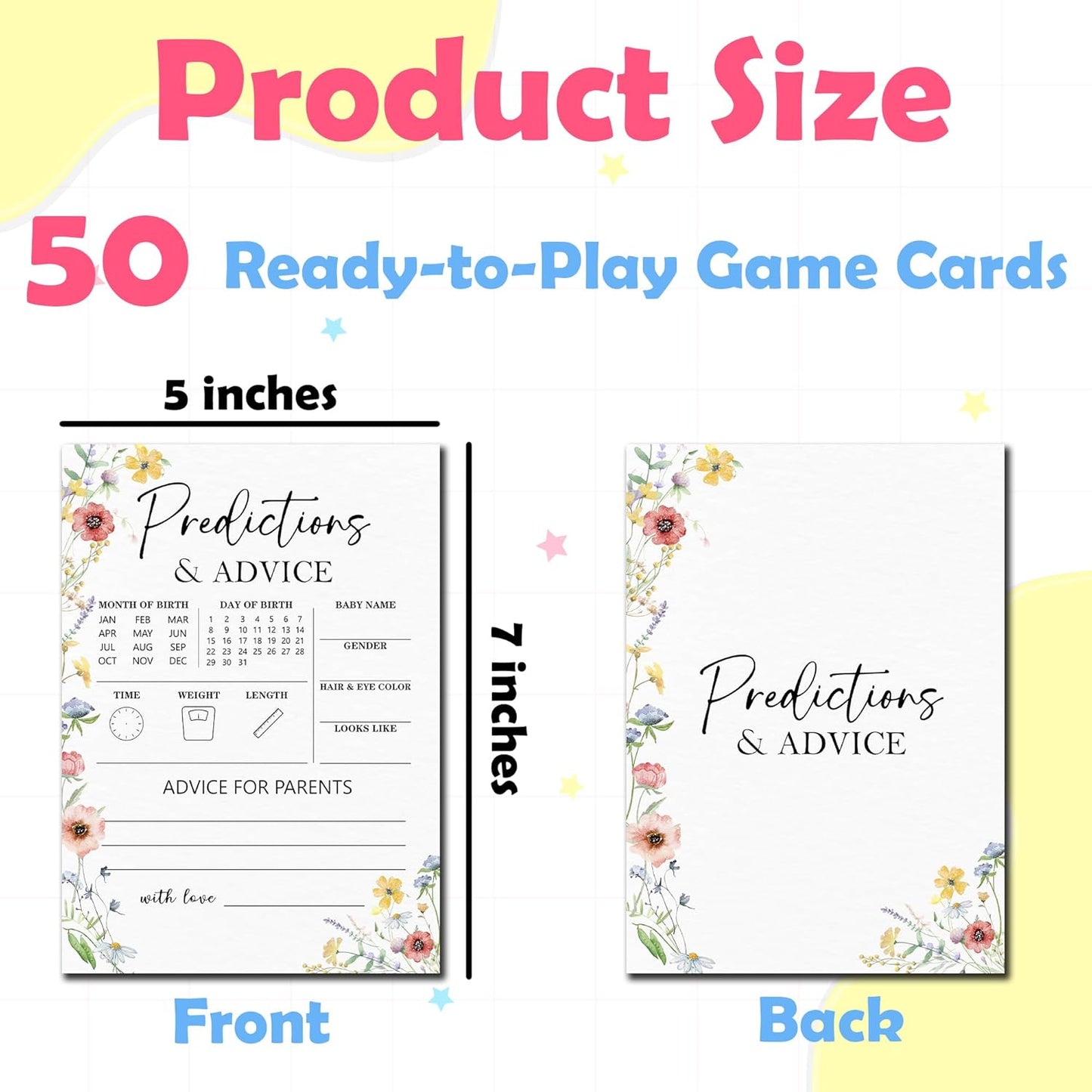 Spring Wildflowers Predictions & Advice Theme Baby Shower Games for New Parents - 50 Flowers Game Cards for Boys & Girls -Gender Neutral Gender Reveal Baby Announcement Activities Supplies & Decor-A02
