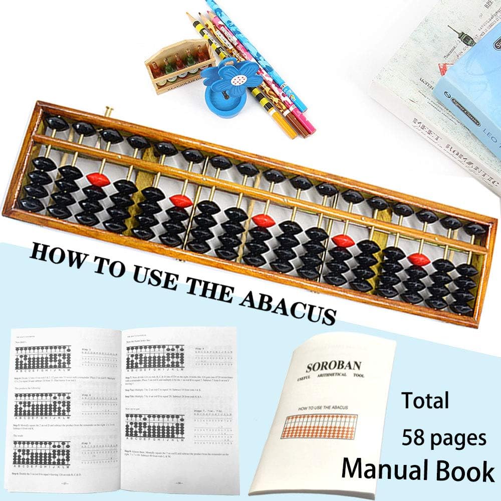 Vintage Style Wooden Abacus Soroban 17 Colum(15in) Professional Abacus for Adults Kids with Guide Handbook and Reset Button, Anti-Skid Rubber Fee