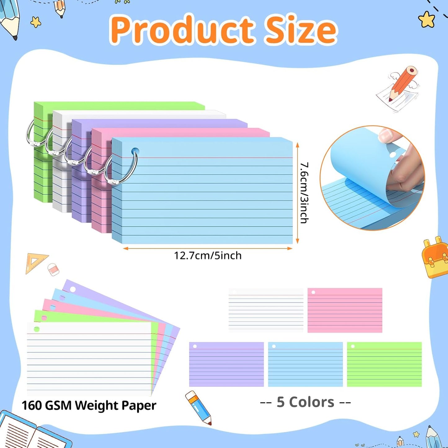 Index Cards 3x5 Inches, 300 PCS, Colored Flash Cards With Ring, Punched Lined Study Card Ruled Flashcards Notecards, Ruled Front And Blank Back, Note Card for School, College And Home