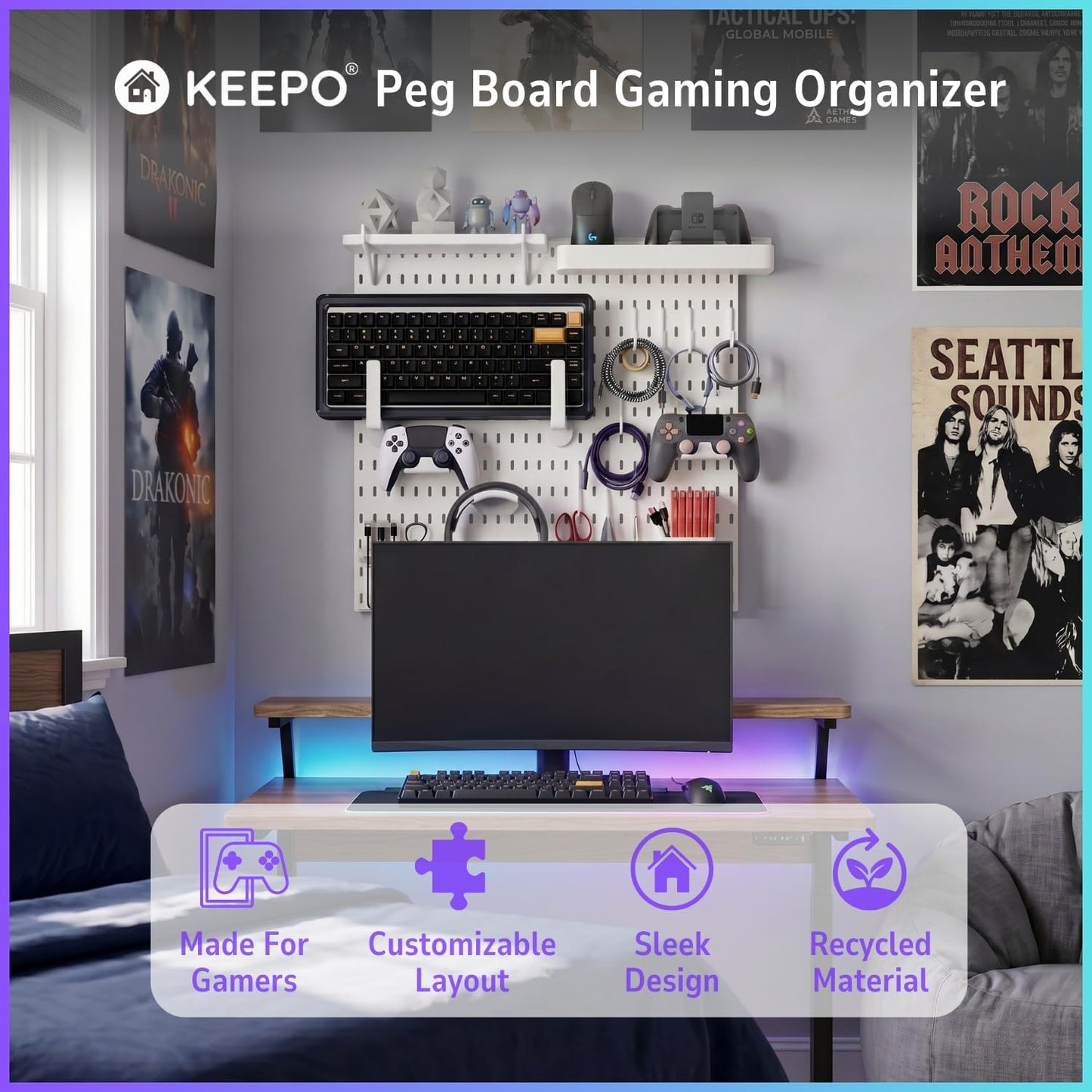 Keepo Peg Board Wall Organizer for Gaming Setup, Pegboard with Adhesives & Screw Mounts, Includes Peg Board Accessories for Gaming Accessories, Tech Storage & Office Organization (Black, 33″×22″)
