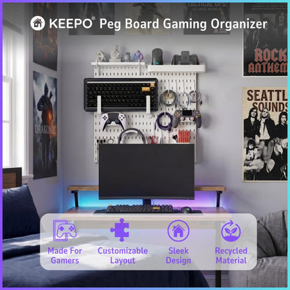 Keepo Peg Board Wall Organizer for Gaming Setup, Pegboard with Adhesives & Screw Mounts, Includes Peg Board Accessories for Gaming Accessories, Tech Storage & Office Organization (Black, 33″×22″)