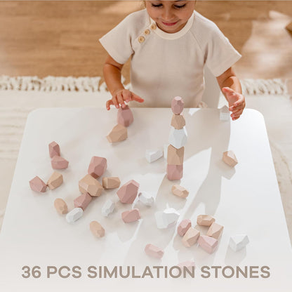 Comfy Cubs Stacking Rocks 36 Pieces, 36 Months+, Educational Toddler Stacking Blocks, Promotes Imagination, Balance & Fine Motor Skills - Wooden Rocks Sensory Toys Gift for Kid, Neutral Pack