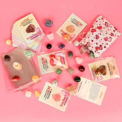Gifts for Kids - 28 Pack Exchange Cards & Natural Gemstone Crystals Rocks Minerals Bulk,Cards for Boys Girls Classroom Party Favors