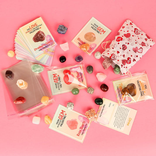 Gifts for Kids - 28 Pack Exchange Cards & Natural Gemstone Crystals Rocks Minerals Bulk,Cards for Boys Girls Classroom Party Favors