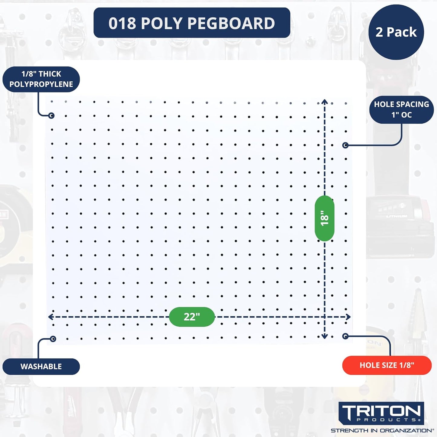 Triton Products Heavy Duty Poly Pegboards - Set of 2 DuraBoard Wall Panels, Each 22" x 18" x 1/4" with 1/4" Holes for Home, Office, Garage, Storage and Organization (White)