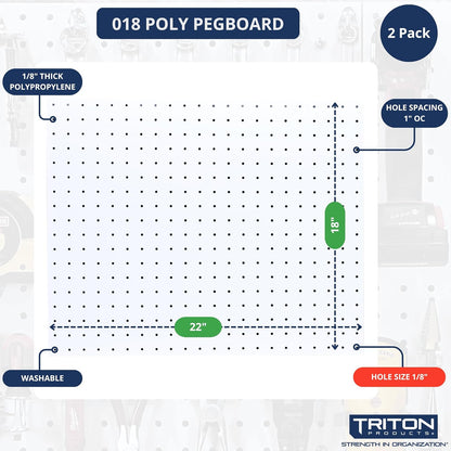 Triton Products Heavy Duty Poly Pegboards - Set of 2 DuraBoard Wall Panels, Each 22" x 18" x 1/4" with 1/4" Holes for Home, Office, Garage, Storage and Organization (White)