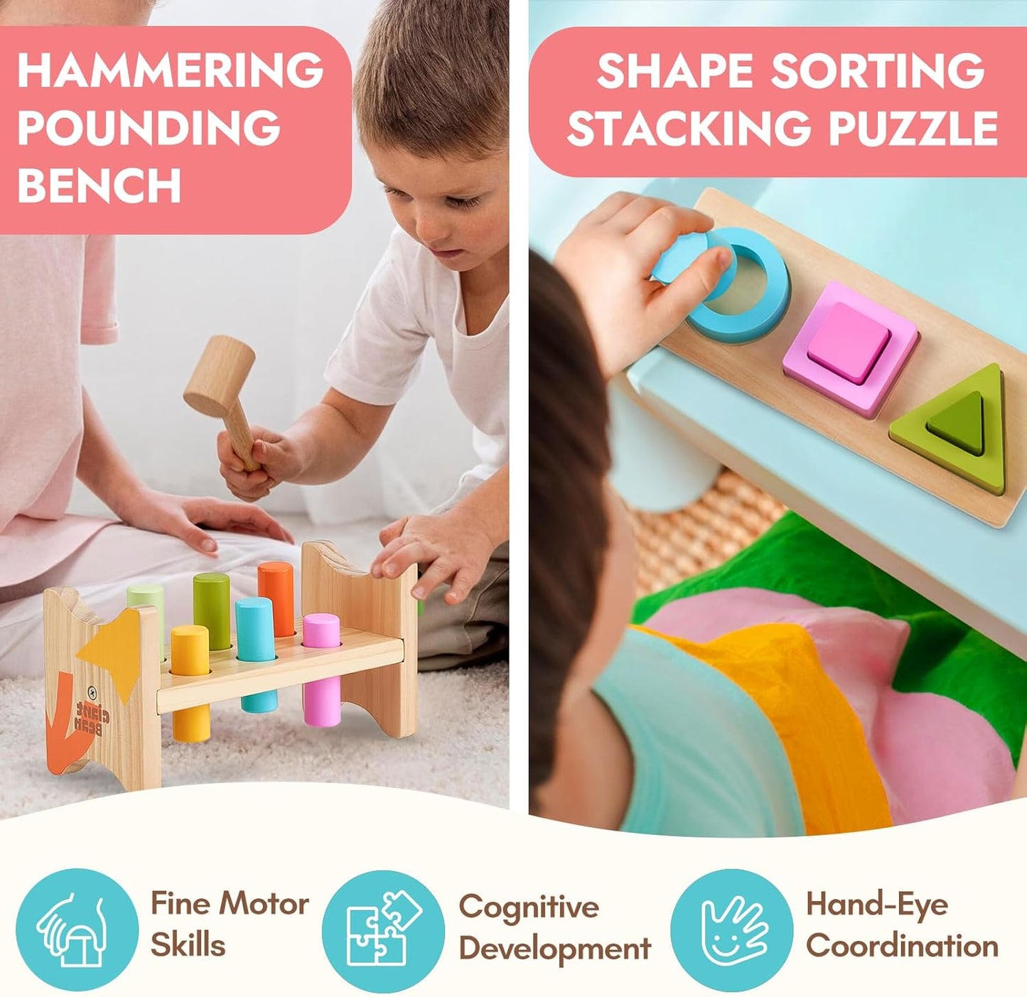 Giant bean Montessori Toys for Baby, 6-in-1 Wooden Early Education Learning Toys with Sensory Teething,Object Permanence Box,Shape Sorting Stacking Ring,Mirror Puzzle,Christmas Toy for Kid 1 2 3