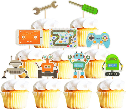 27Pcs Coding Robot Themed Cupcake Toppers Engineering Science Experiment Cake Picks for STEM Educational Electronics Programming Project Birthday Party Decoration Supplies