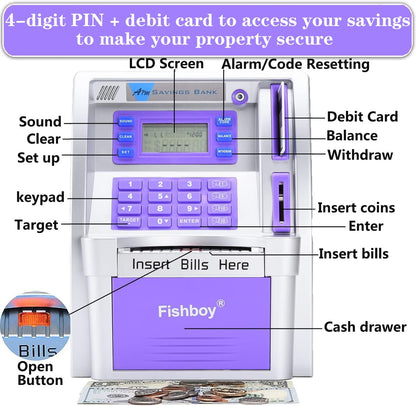 Fishboy Talking Pink ATM Piggy Bank for Kids with Dual Debit Cards, Power-Off Memory, Auto-Opening Drawer for Real Money for Girls, Onekey Shutdown, Bill Feeder, Coin Recognition, Balance Calculator