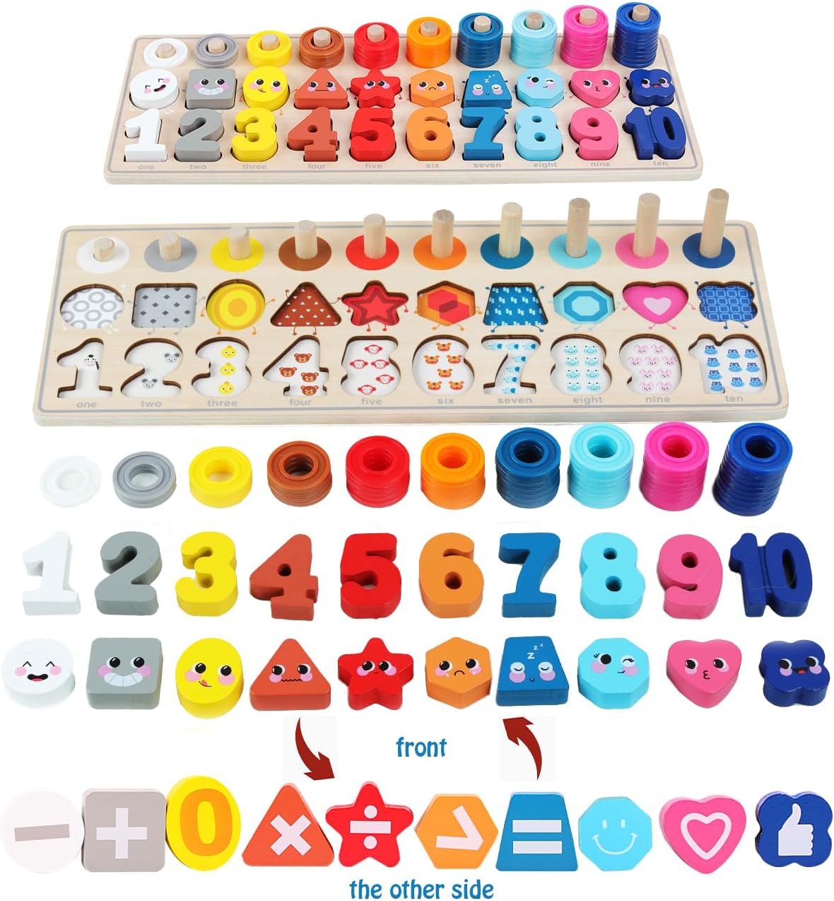 QZMTOY Counting Shape Stacker Wooden Count Sort Stacking Tower with Wood Colorful Number Shape Math Blocks for Kids Preschool Educational Toddlers Toy