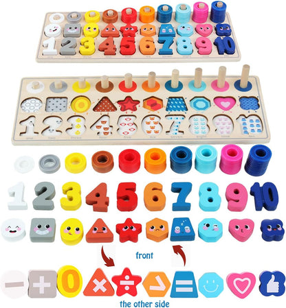 QZMTOY Counting Shape Stacker Wooden Count Sort Stacking Tower with Wood Colorful Number Shape Math Blocks for Kids Preschool Educational Toddlers Toy