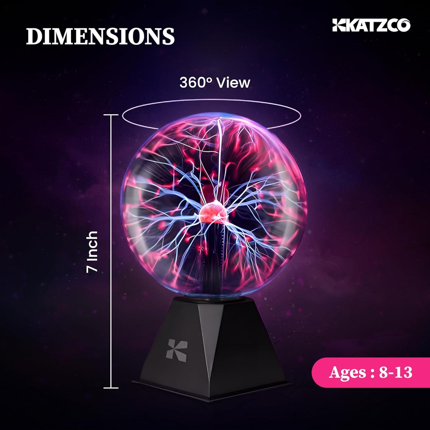 Katzco 7 Inch Plasma Ball Lamp - Touch and Sound Sensitive Electric Globe with Lightning Effects - Plug-in Energy Ball for Parties, Room Decor, and STEM Learning - Static Electricity Sphere for Kids