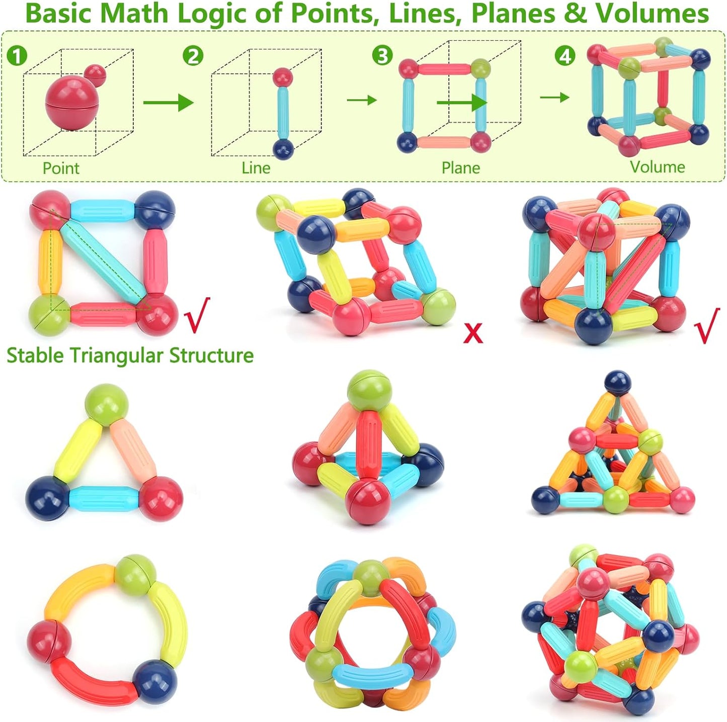 COUOMOXA Magnetic Toy Montessori for Kids: 3 4 5 6 7 8 9 10 11 12 Years Old Kids Building Sticks - Magnetic Creative Toy Age 3-12 Playroom Family - Christmas Birthday Gift for Boys Girls