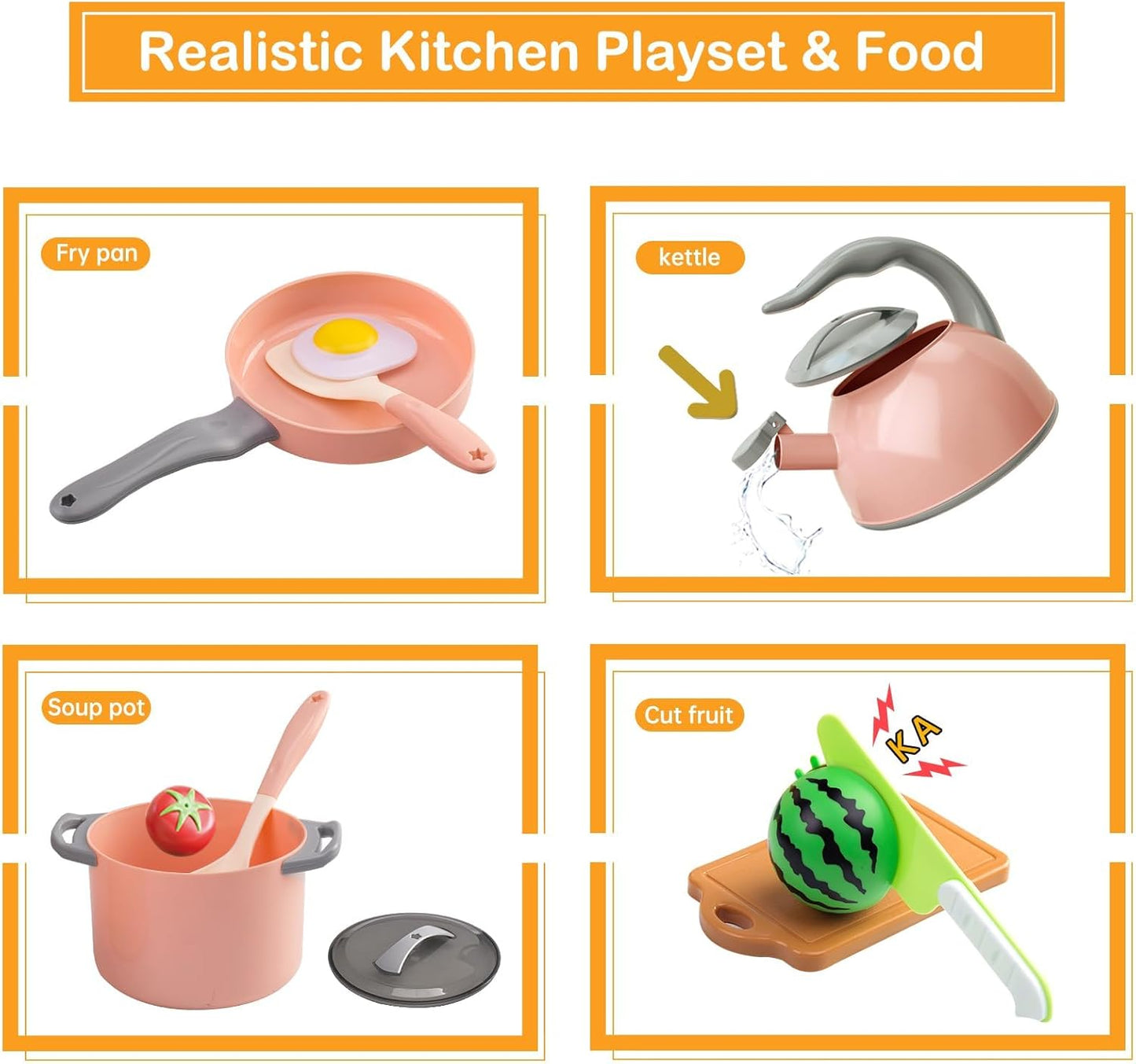 150Pcs Kitchen Playset, Toddlers Pretend Cooking Cookware Accessories, Food, Picnic Blanket, Fruits, Veges, 2Pack Shopping Storage Basket, Dessert and Prop Money, Gift for Kids (Pink)
