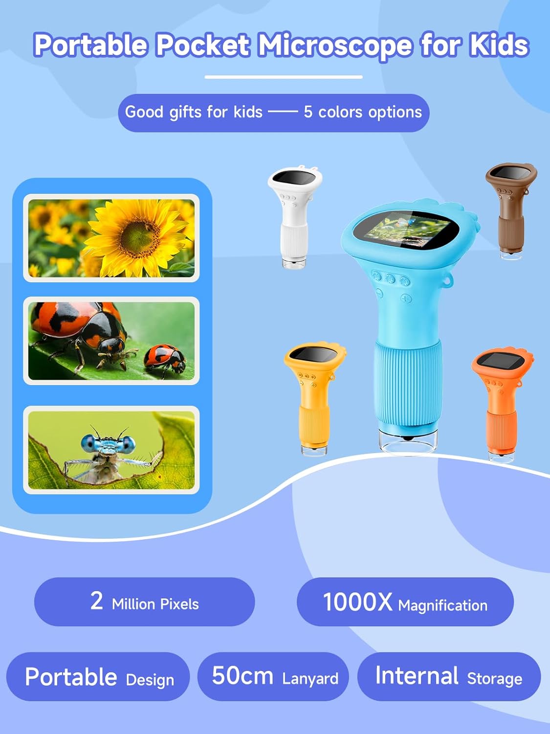 Acoath Microscope for Kids, 1000X Handheld Digital Miniscope with 2.0" Screen, Portable Pocket Microscope Education Toys Birthday Gifts for Age 3 4 5 6 7 8 9 10 Girls Boys