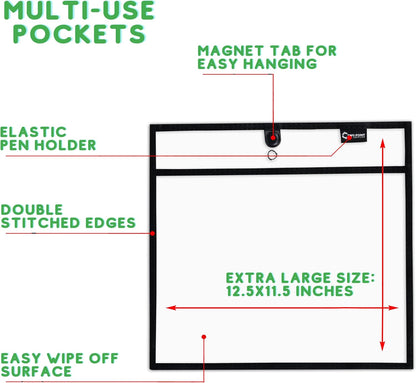 Magnetic Dry Erase Pockets by Two Point (6-Pack) - Landscape - Black Dry Erase Pocket Sleeves, Job Shop Ticket Holders, Clear Paper Sleeves Protectors, Magnetic Pouch