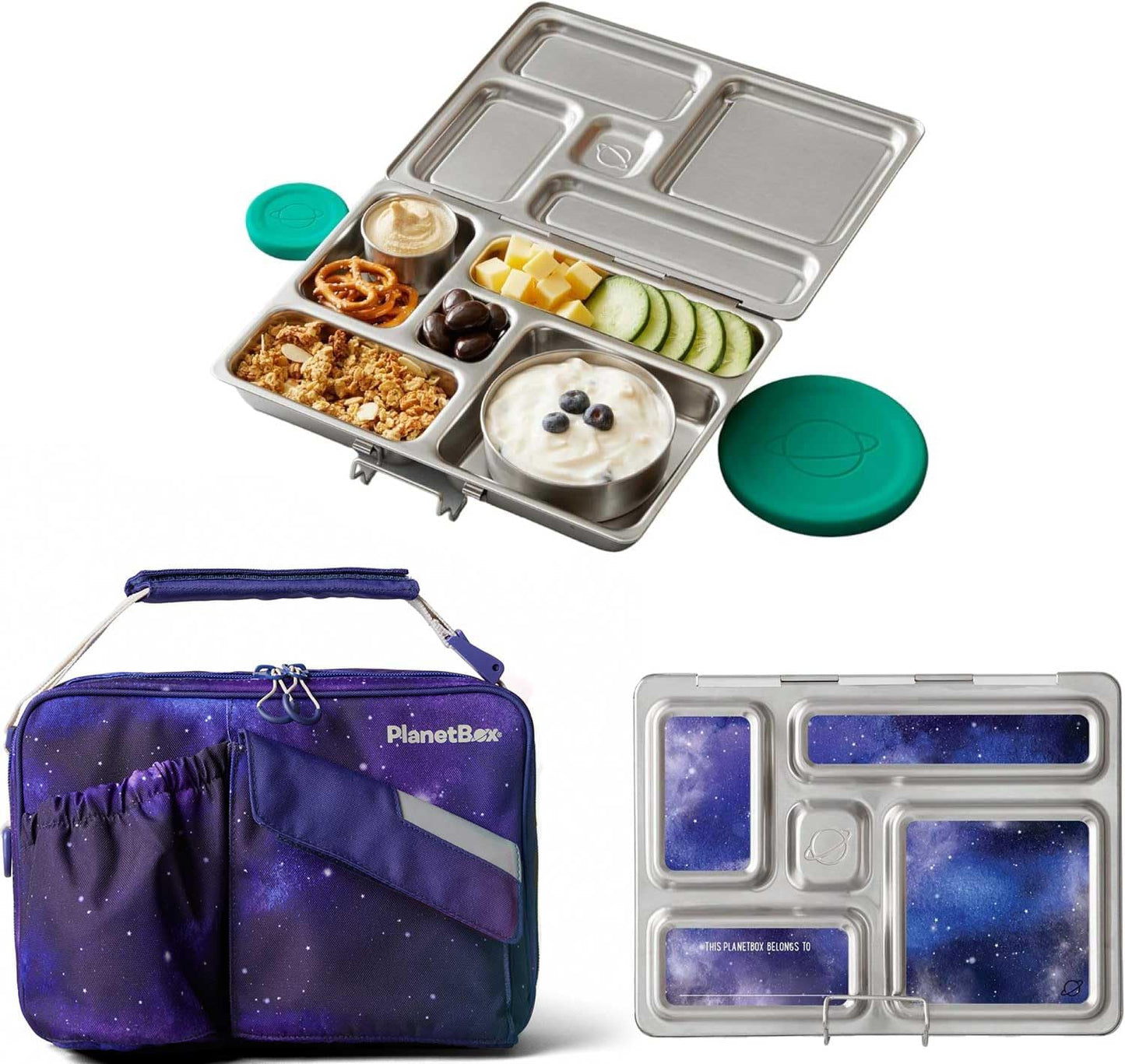 PlanetBox Rover Stainless Steel Bento Box Style Lunch Box Kit for Youth with 5 Compartments – Butterflies Edition includes Insulated Lunch Bag, Leakproof Food Containers & Matching Magnets