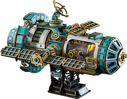 3D Wooden Puzzles for Adults - Space Station Mechanical Model Kit with Lights & Music, 511PCS Adult Wooden Puzzles, DIY Building Toy for Teen & Adults, Miniature House Kit for Birthday Father's Day
