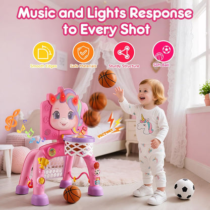 JMMICO Toddler Basketball Hoop & Soccer Goal Activity Center, Interactive Toys with Light Music,Unicorn Toddlers Musical Toys Gift, Baby Birthday Easter Gifts Gift for 1 2 3 Year Old Boys Girls