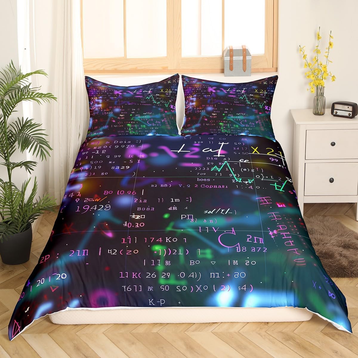 Erosebridal Chemistry Bedding Set Chemical Equation Comforter Cover for Kids Boys,Science Students Duvet Cover Test Tube Microscope Chemical Equipment Bed Set Full,Science Educational Dorm Room Decor