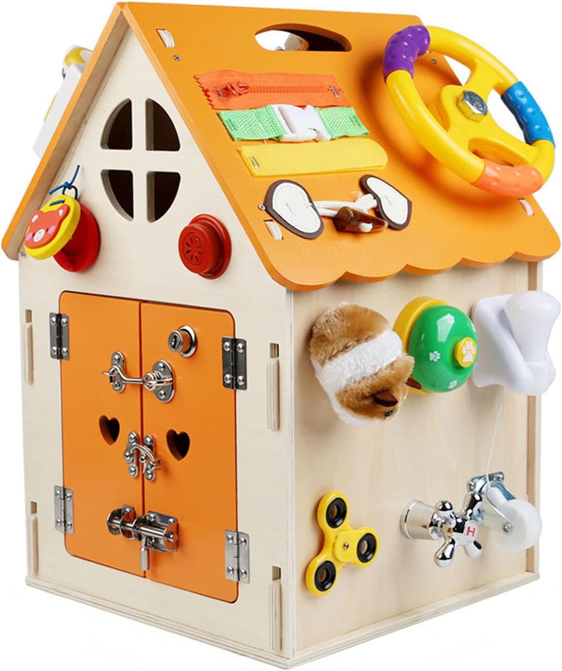 Montessori Wooden Busy House, Life Skills Activity Cube, Toddler Fine Motor Skills & Sensory Toy,Blue